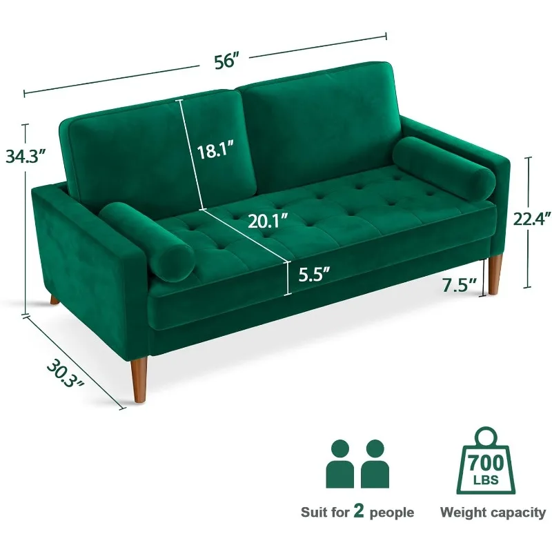 Sofa Chair, 56 Inch Green Velvet Sectional, Small Sectional, Love Seat Sectional with Tufted Seat Top, Living Room, Bedroom