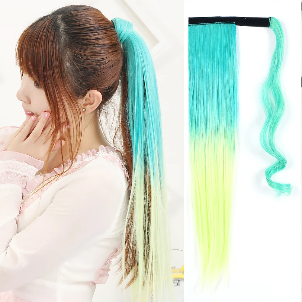 

Zolin Synthetic Ponytail Long Straight Hair Extension Wrap Around Ponytails Green Blue Ombre Color Hairpiece For Girls