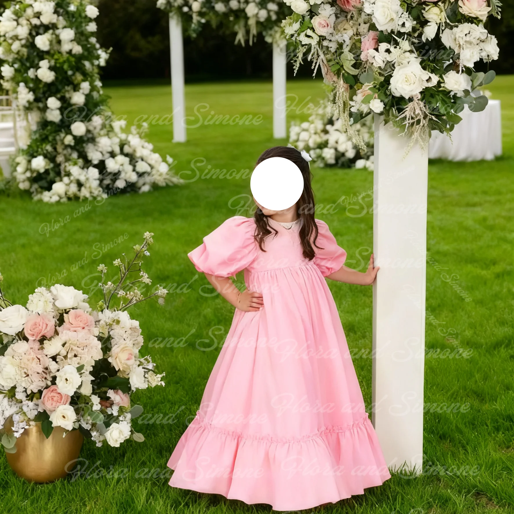 فستان فتاة الزهور الأبيض المخصص بنصف كم لحفلات الزفاف مزين بالدانتيل ومهرجان أطفال وأعياد الميلاد الأولى