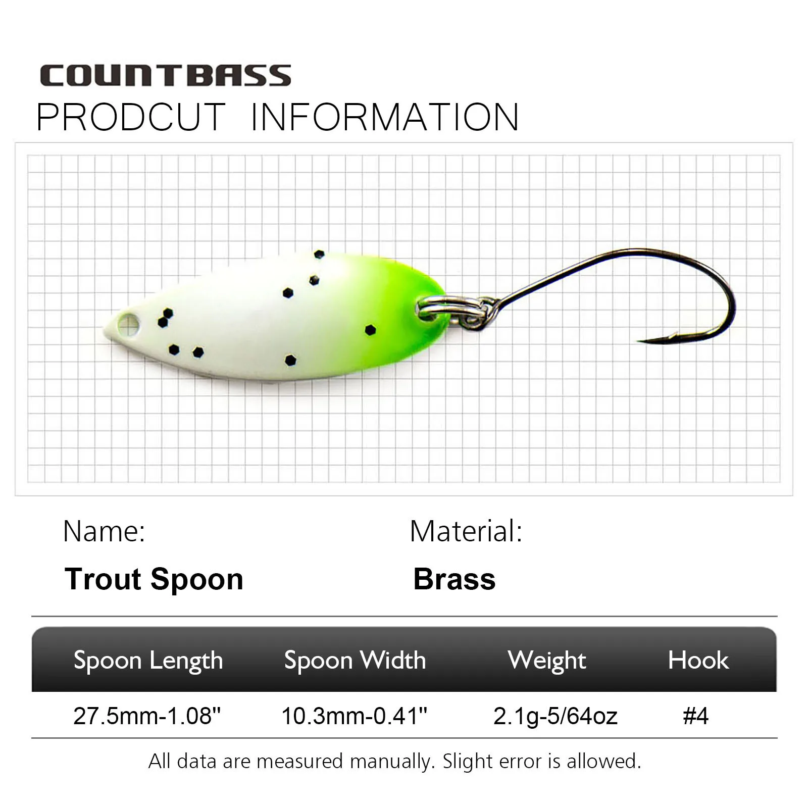 COUNTBASS Trout Fishing Spoons 2.1g 5/64oz Casting Lure for Salmon Pike Bass Metal Brass Baits