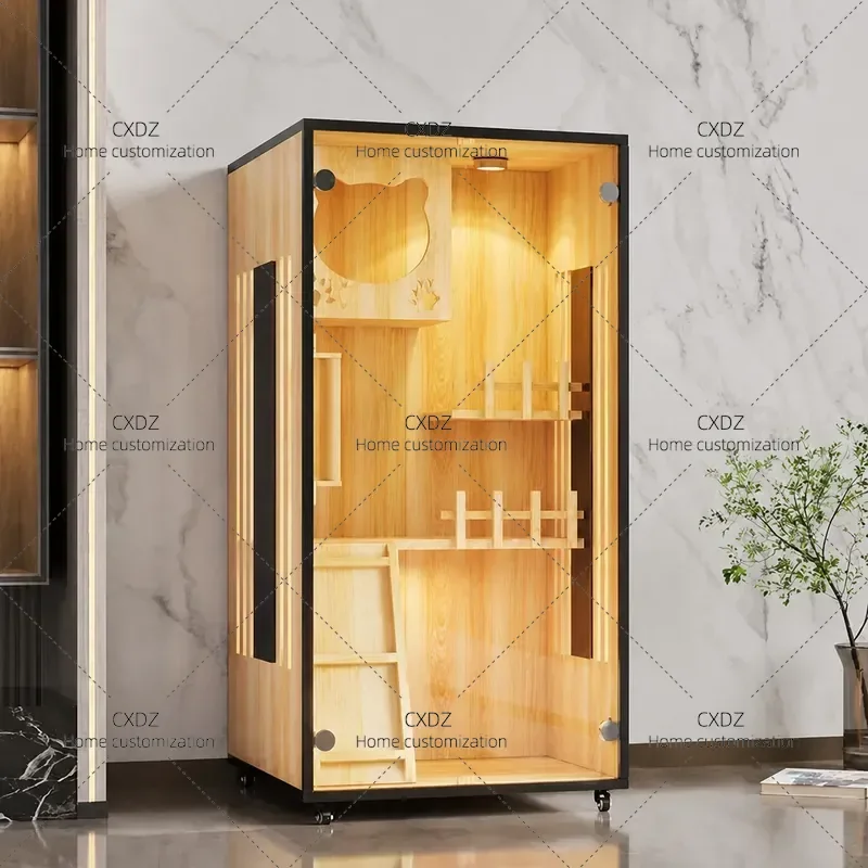 Luxury Oversized Cat Villa Indoor Solid Wood Pet Cabinet Waterproof Closed Cat Cage Fiberglass Nest for Large Cats