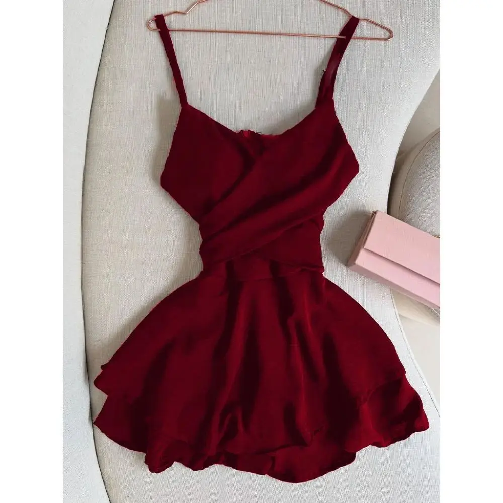 2025 ملابس النساء الصيف Kpop خمر الصيف مثير فتاة السباغيتي فستان بحزام بلا أكمام الكشكشة فستان سليم المناسب فستان الصلبة