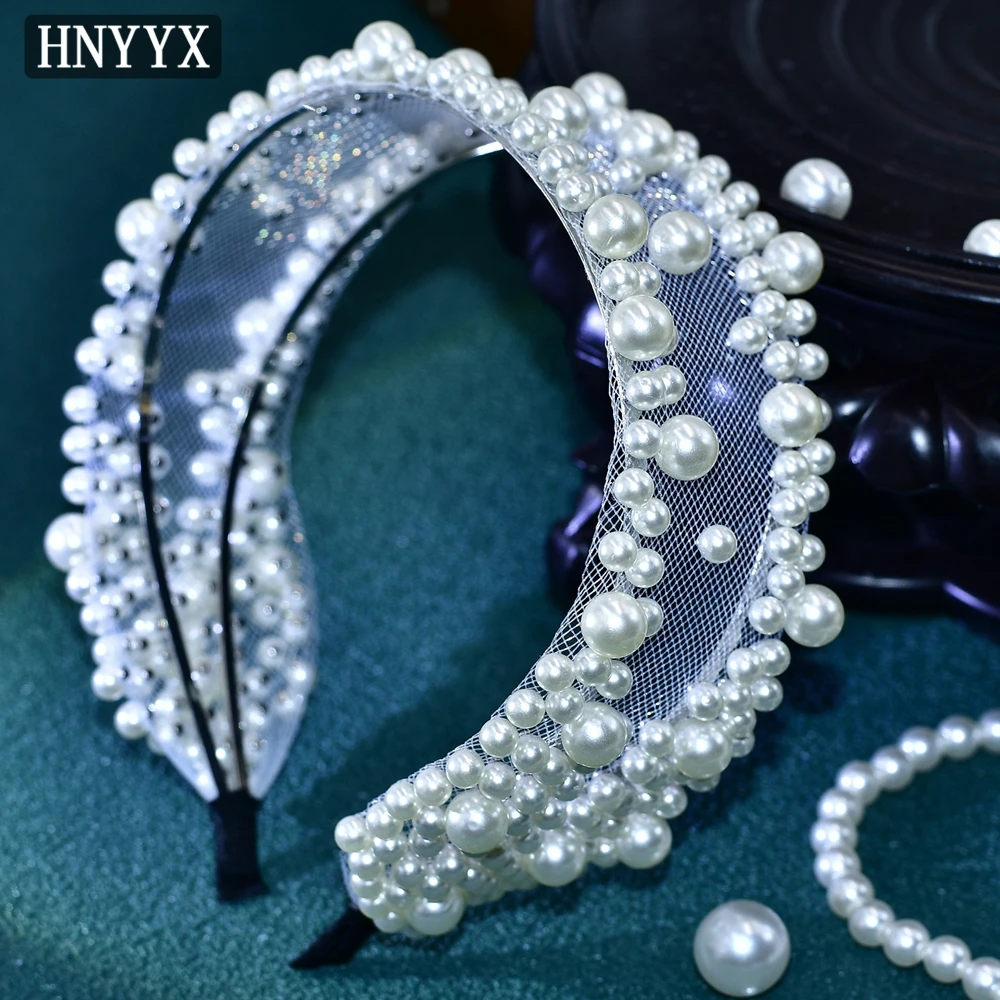 HNYYX Pearl Headband Fashion Wide Hair Hoop Alloy Hair Wear Party Headdress Wedding Hair Jewelry Festival Hair Piece A67