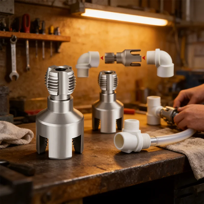 Electric Drill Powered Pipe Threader Kit Cuts Both Internal External Threads, Includes Multiple Dies for PVC and Iron Pipe Sizes