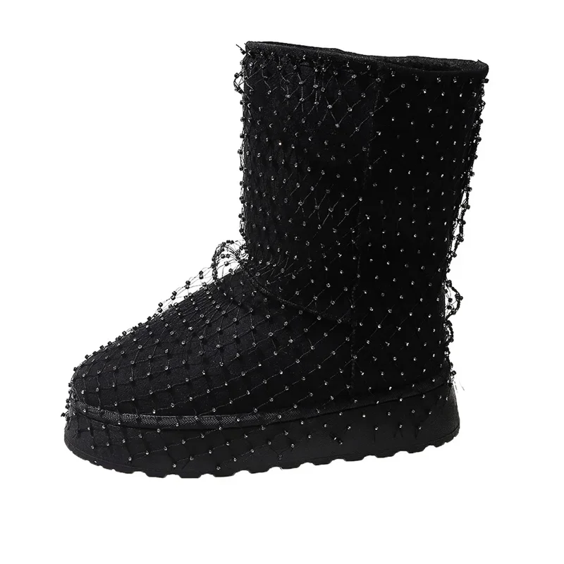 Botas de nieve de ante con huecos de cristal para Mujer, nuevos zapatos planos de invierno con plataforma, zapatos informales para Mujer, media pantorrilla, tendencia cálida, Botas de lujo para Mujer