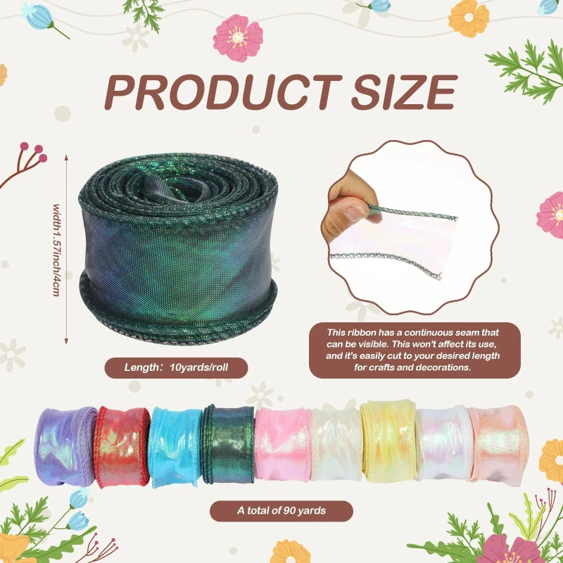 40mm 10Yards Fishtail Organza Ribbon Reflective Iridescent Wavy Edge Ribbon for Gift Wrapping DIY Bow Bouquet Voile Ribbons view 6