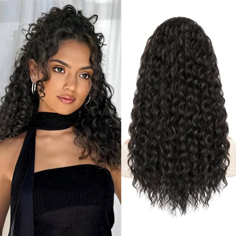 African deep wavy synthetic long curly hair natural drawstring ponytail wig