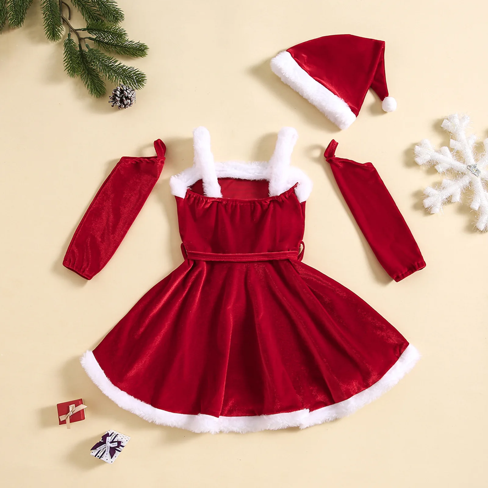 Girls Christmas Dress Sets Autumn Winter Velvet Suspender Dress+Oversleeve+Hat 3pcs Baby Santa Claus Clothes Festival Costume