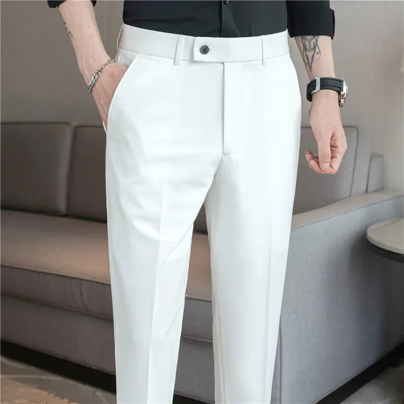 

New Summer Men’s Suit Pants Solid Color Korean Slim Smart Casual Ankle-Length Pants Men Wedding Dress Office Suit Trousers Man