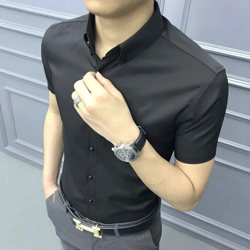 

summer casual short sleeve shirt men's slim mercerized cotton korean