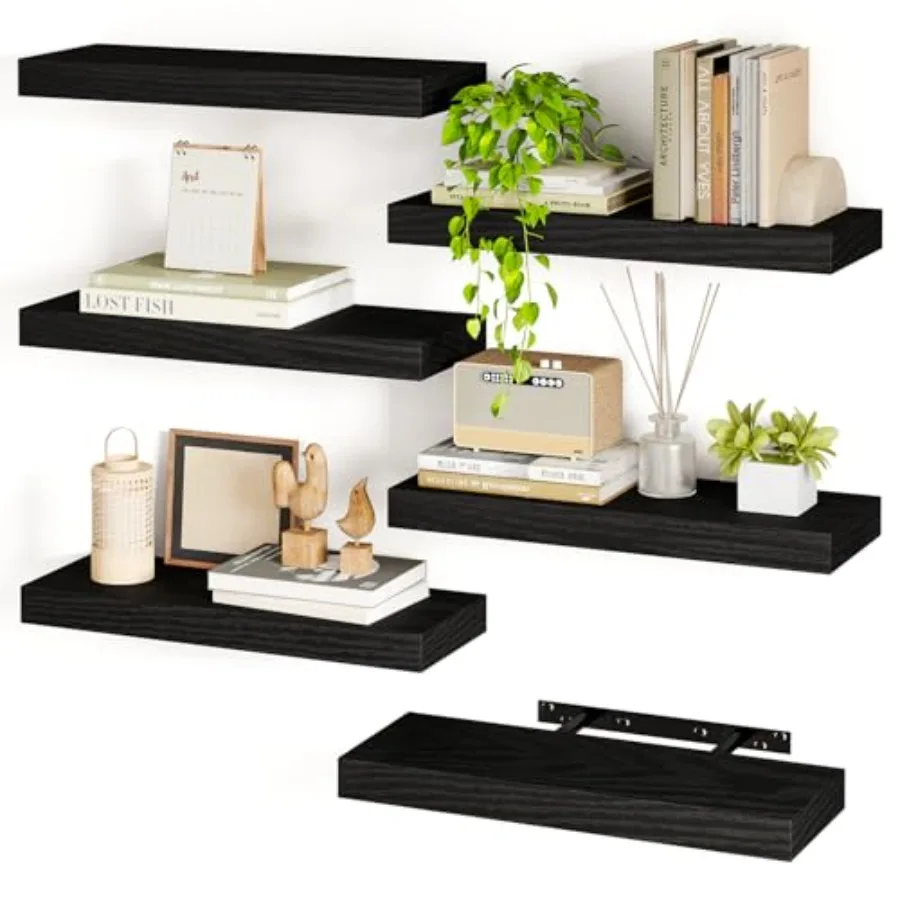 

Black Shelves, 15.8in Floating Shelves, Farmhouse Shelf Wall Decor for Bathroom, Bedroom, Living and Kitchen Set of 6