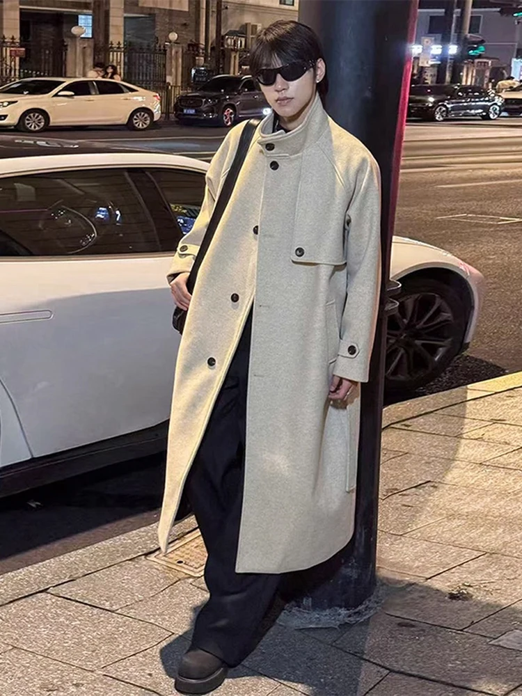 

Корейское высококачественное мужское шерстяное пальто средней длины ниже колена с воротником-стойкой, теплое, осенне-зимнее, верхняя одежда