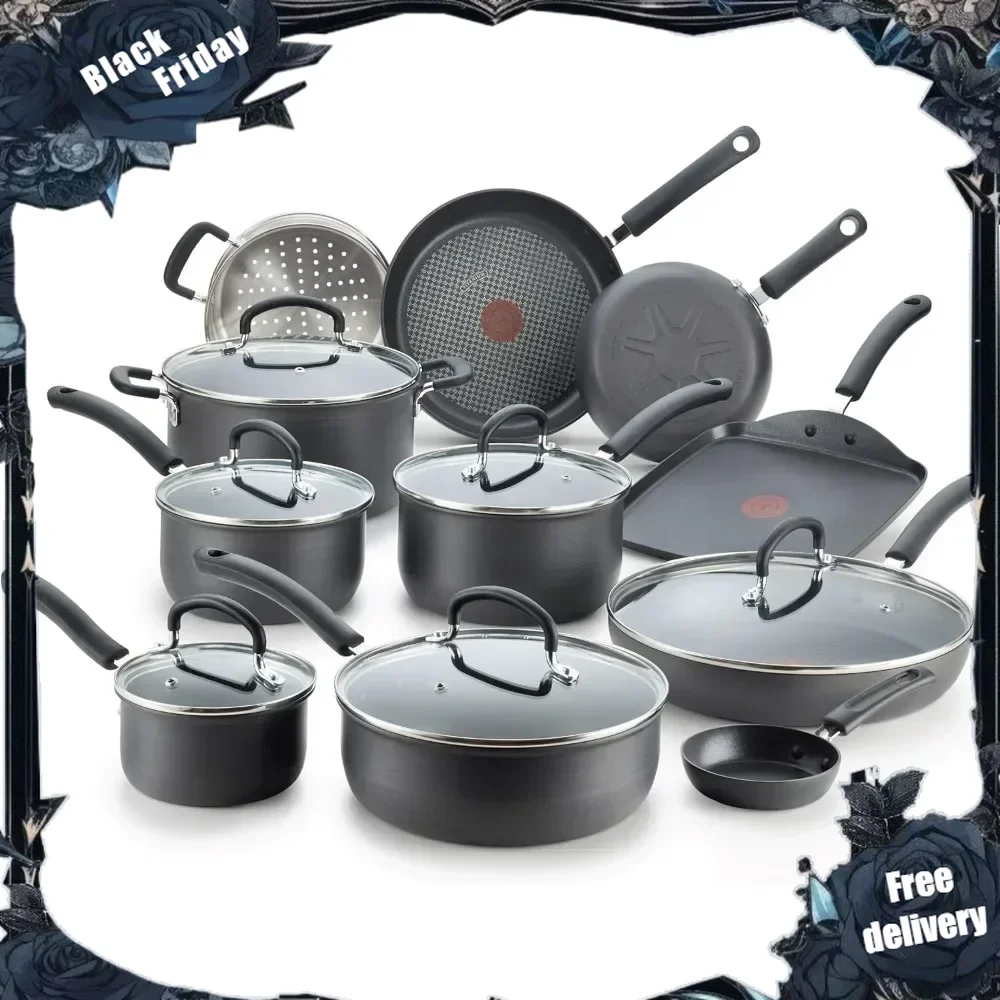 Ultimate Hard Anodized Nonstick Cookware Set 17 Piece, Oven Broiler Safe 400F, Lid Safe 350F, Kitchen Cooking Set w/ Fry Pans