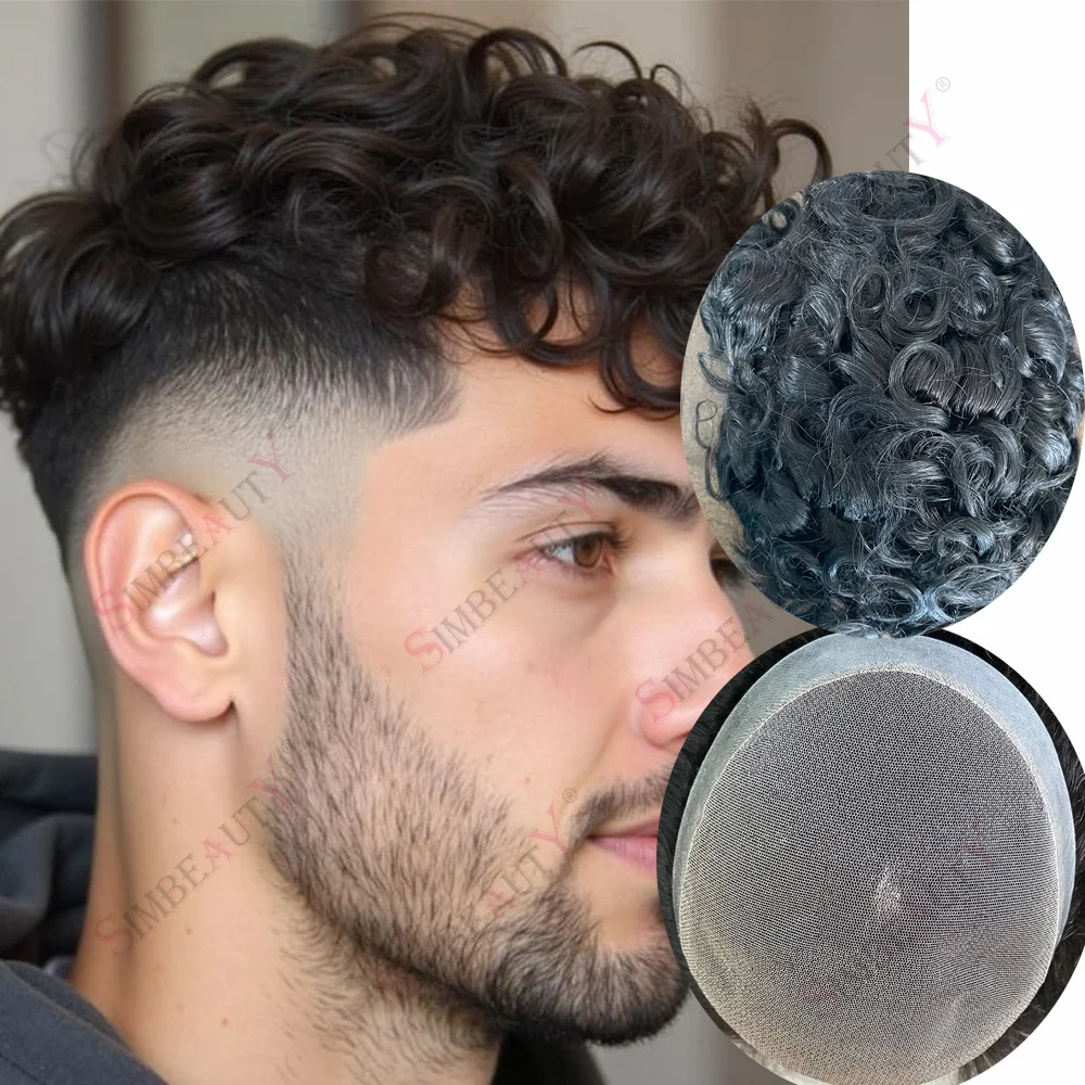 رجل خصلات الشعر المستعار تنفس دائم أستراليا الدانتيل و بولي Toupee الشعر المستعار الرجال 25 مللي متر 24 مللي متر مجعد الذكور أصلع نظام استبدال الشعر البشري الطبيعي #1