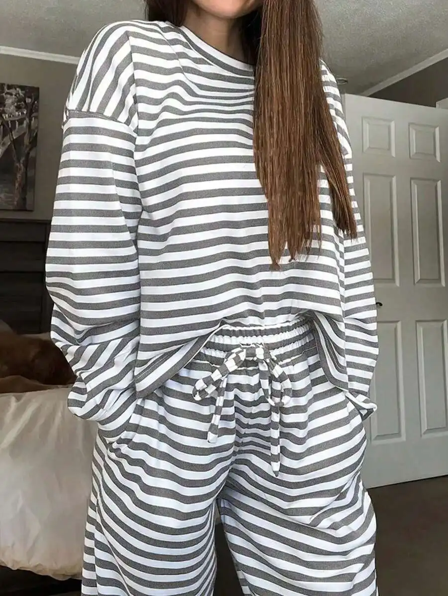 

Womens Gray And White Striped Pajama Set Long Sleeve Round Neck Top Loose Pants Soft Comfortable Sleepwear
