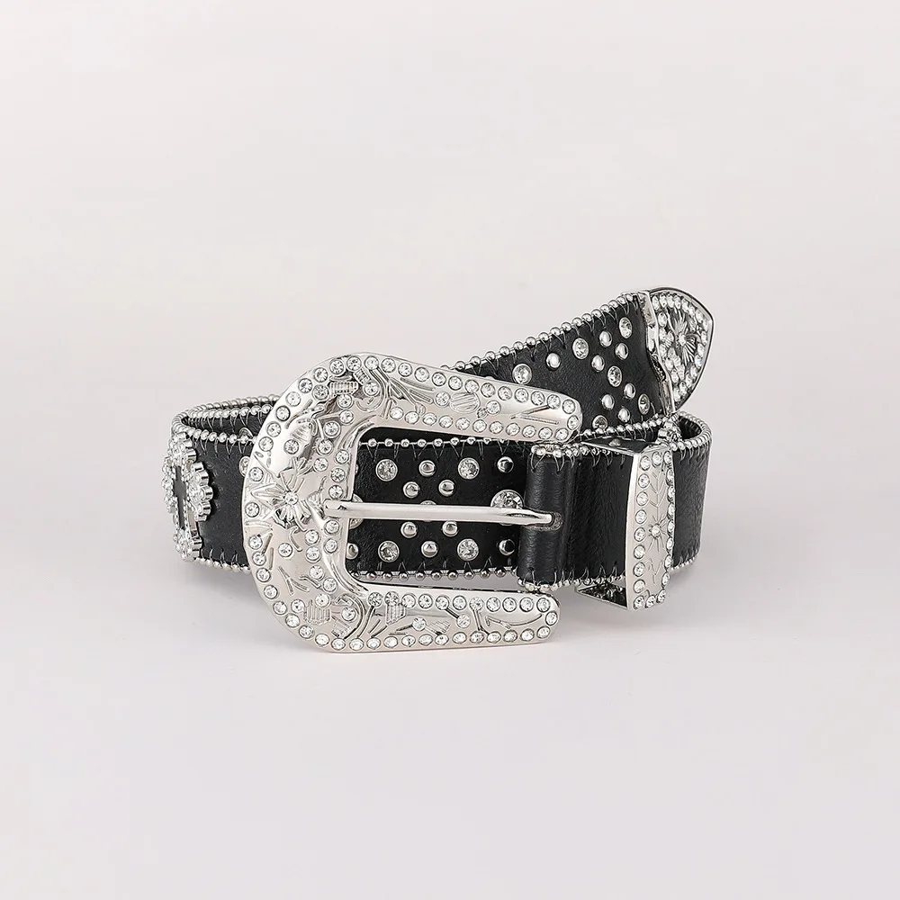 Bohemia Rhinestone Leather Rivet Belts Women, Glitter Vintage Cross Black Metal Decorative Fastener Buckle Belt for Woman