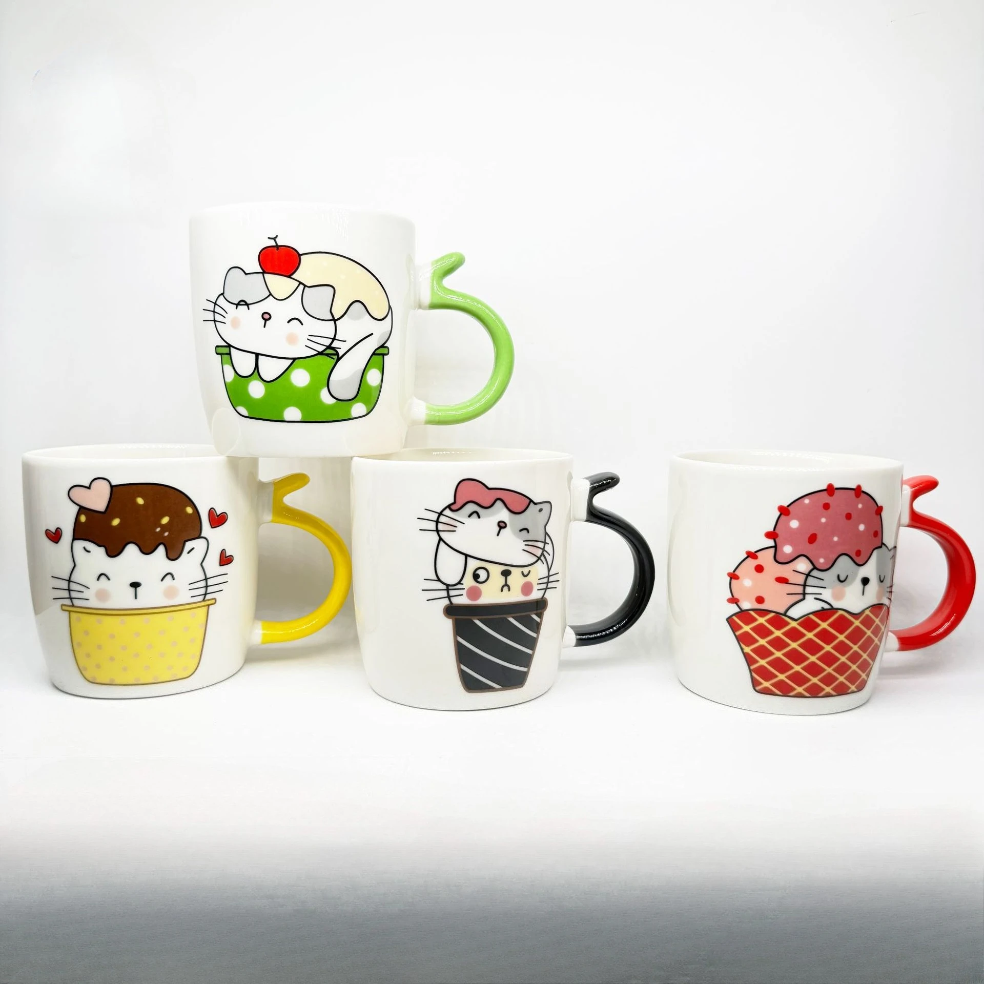 Creative Cute Cat Ceramic Mug, Colorful Handle Coffee Mugs, Office Breakfast Milk Cups, Holiday Gift Tea Cup, Couple Kawaii Cup