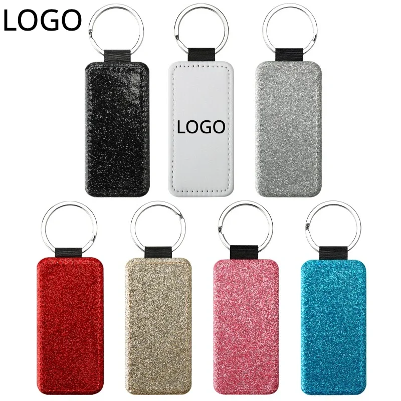 Customize Double Colors Shiny Leather Keychain for Men and Women Car Key Chain Ring Laser Engrave LOGO Round Square Keyring Gift