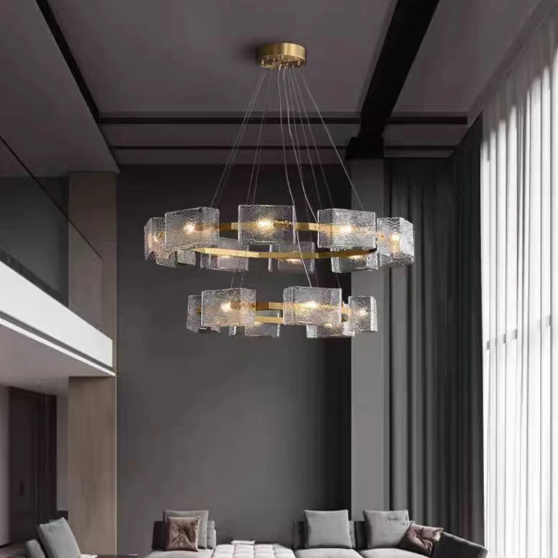 ثريا بتصميم مموج مربع من الزجاج المربع والبساطة الشمالية، تطبيق سقف نحاسي لامع مع RC قابل للتعتيم لغرفة الطعام