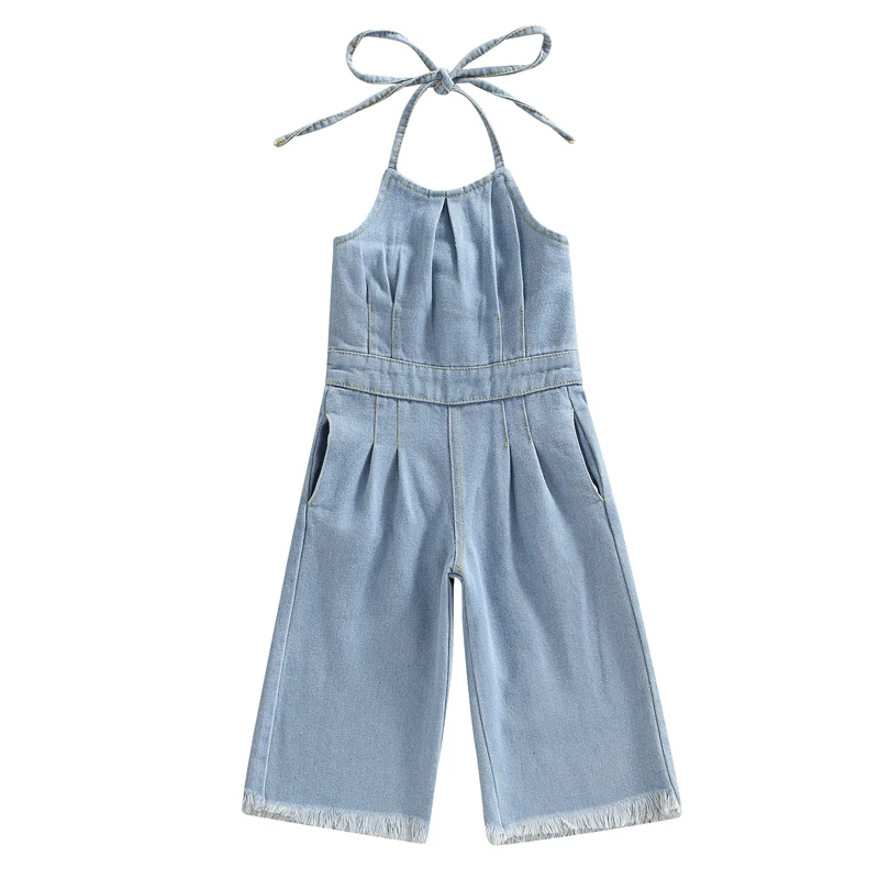 

Girls Denim Jumpsuit Kids Clothes Solid Color Tie Up Halterneck Sleeveless Backless Jeans Long Playsuit with Pockets Streetwear