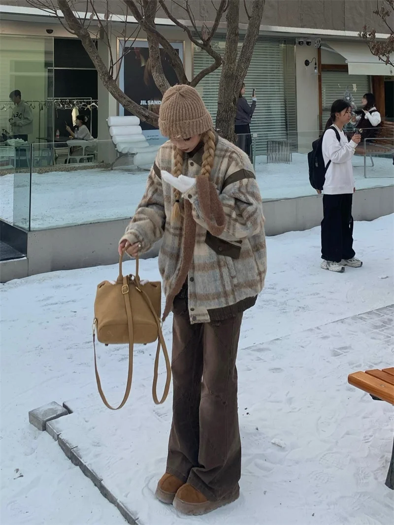 

Thiened зимнее шерстяное пальто в клетку, женское свободное пальто, классическое пальто с отложным воротником, модная верхняя одежда для похудения