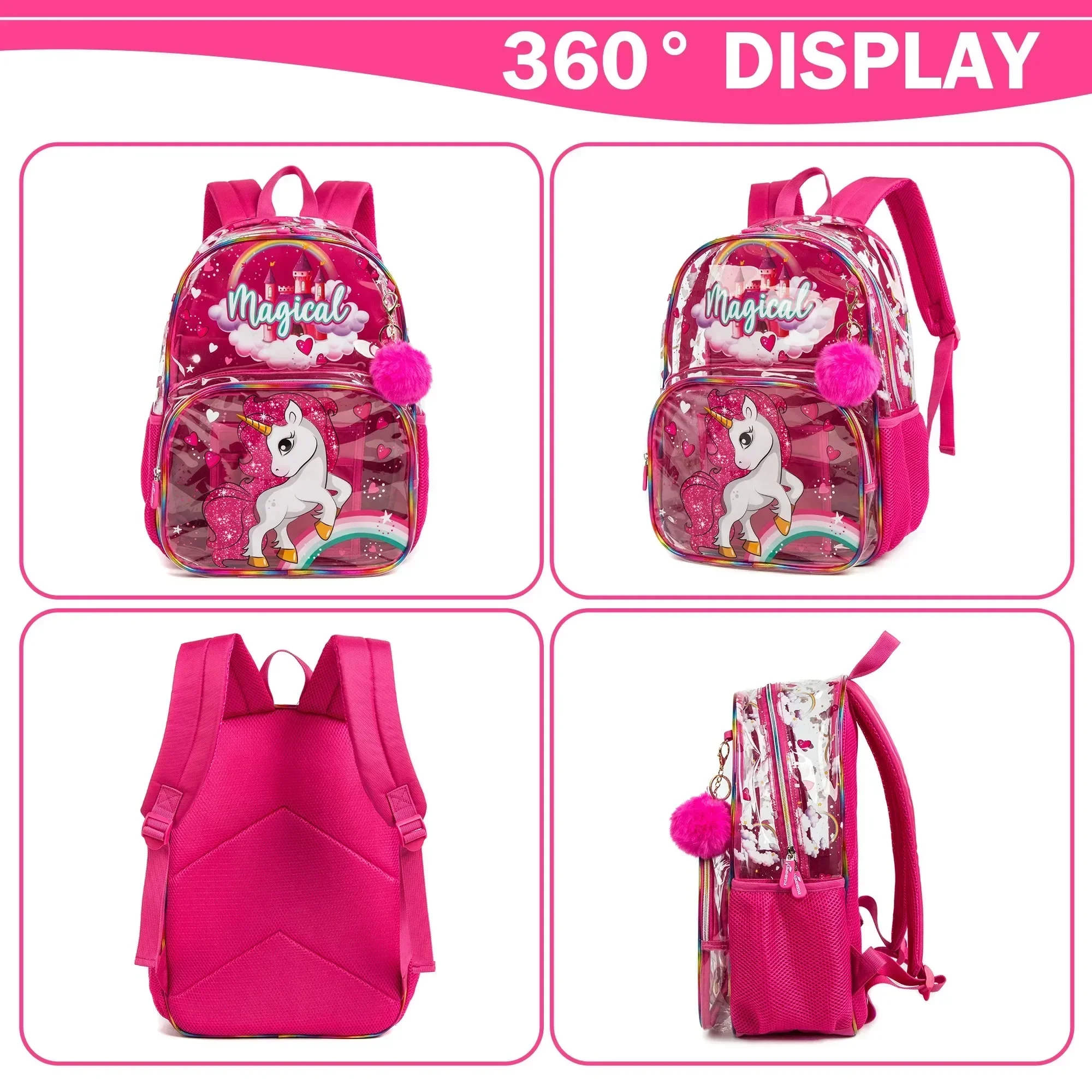 16inch Clear Backpack for Kids Heavy Duty PVC Transparent Backpacks Set See Through School Bag for Girls Boys Elementary Mochila