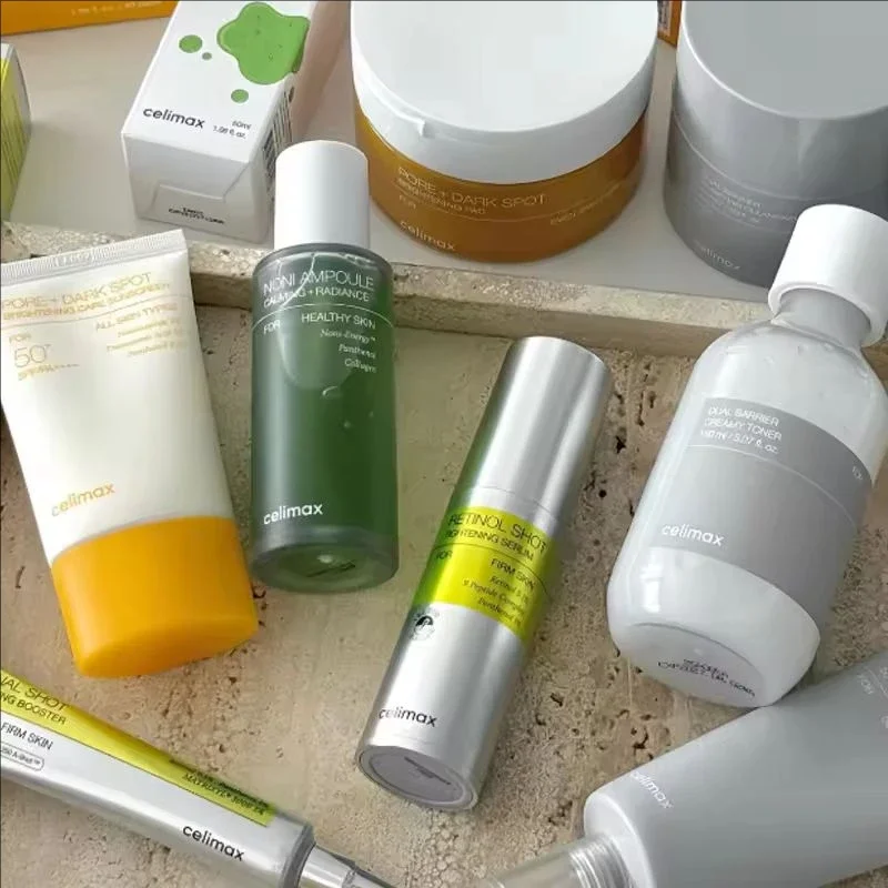 Produtos de cuidados com a pele Celimax, da Coreia: creme compacto para a área dos olhos com retinol, creme facial, essência hidratante de longa duração, líquido nutritivo para o rosto.