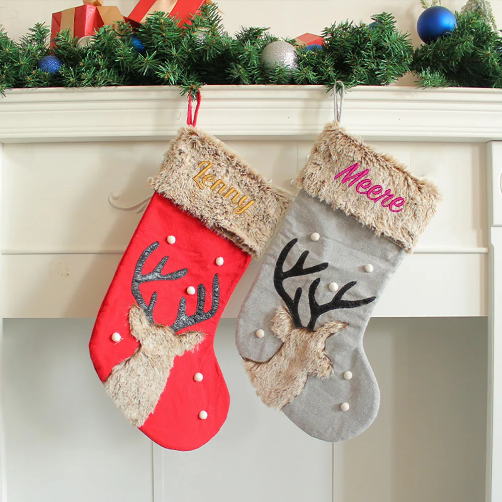 

Индивидуальные украшения с вышивкой на Рождество, милые носки с головой оленя, плюшевые носки-конфеты, подарочные пакеты с подвеской в виде рождественской елки