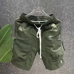 Men Trendy Japanese Style Zipper Pockets Quick Dry Cargo Short Pants 2024 Summer Causal Solid Loose Sports Straight Beach Shorts