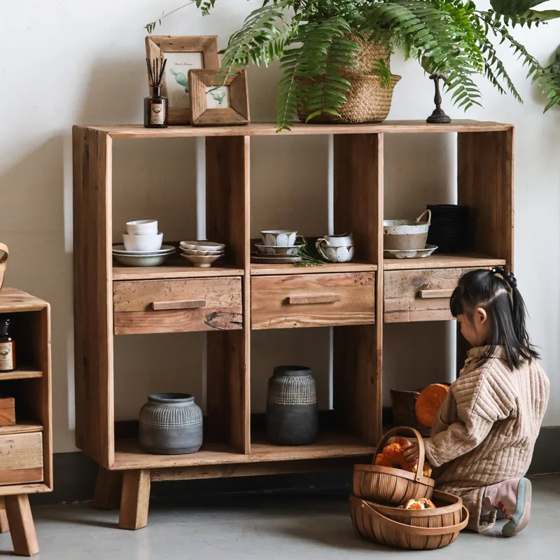 

Six-grid three-bucket entryway cabinet, retro homestay, wabi-sabi style, old pine, solid wood cabinet, sideboard