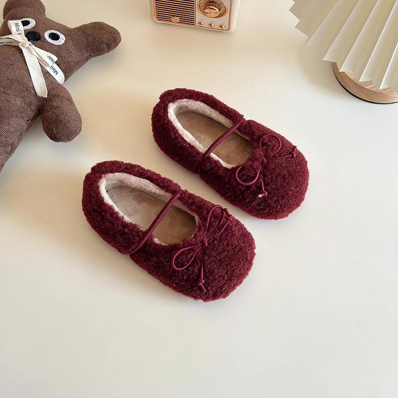 2025 New Kids Shoes Winter Toddler Girls Fashion Princess Mary Jane Party Dress Flats Ballets Children Brand Warm Fur Bowtie