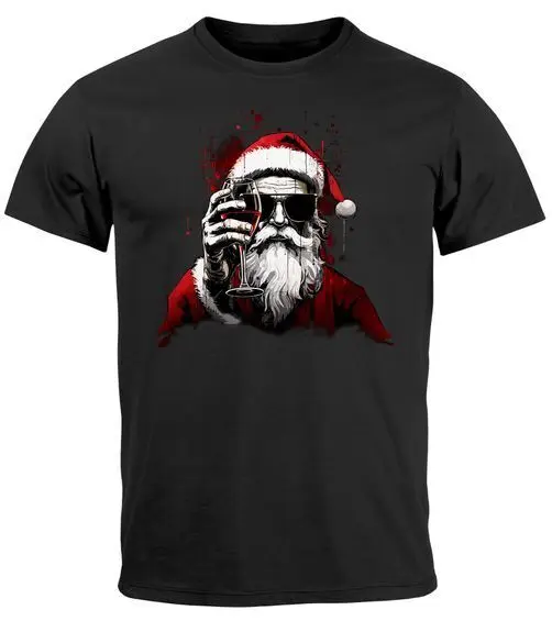 Herren T-Shirt Weihnachten Weihnachtsmann Alkohol Wein Ugly XMAS