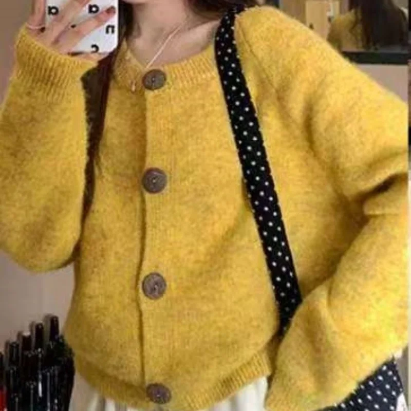 

Women's Loose Lazy Style Outerwear Autumn Winter Women's Fashion Casual Style Chic Retro Yellow Knitted Open Cardigan Sweater