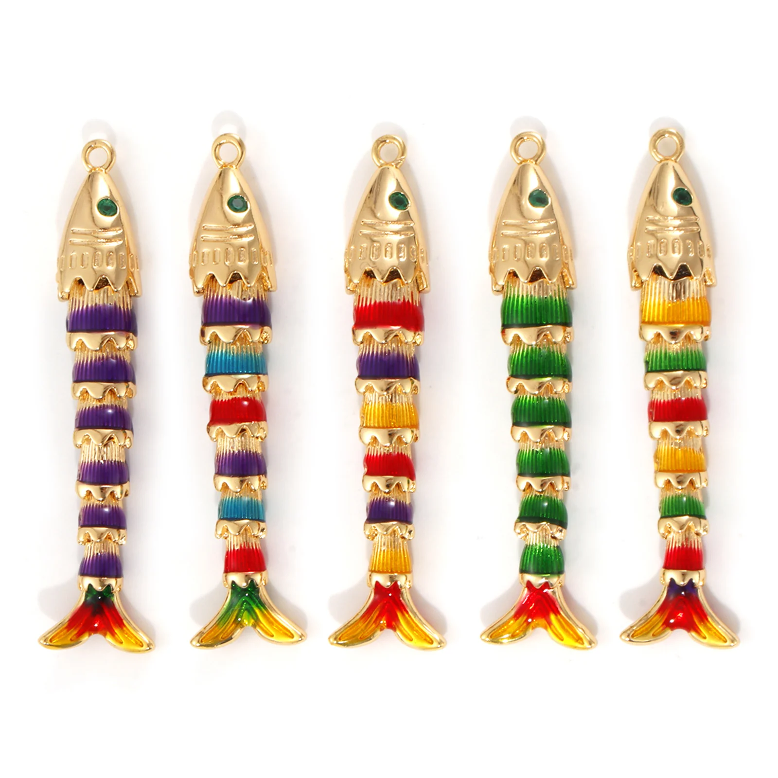1 Piece 3D Brass Ocean Jewelry Pendants 18K Real Gold Plated Multicolor Enamel Fish Animal Movable Charm DIY Necklace 47mm x 8mm