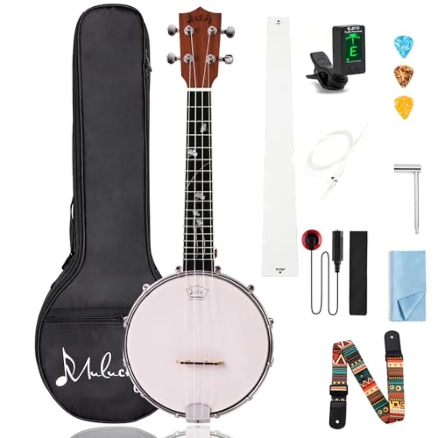 

4-String Banjo Ukulele with Sapele Wood Body and Dark Brown Finish Remo Head Nylon Strings Travel Kit Includes Bag Tuner Picks