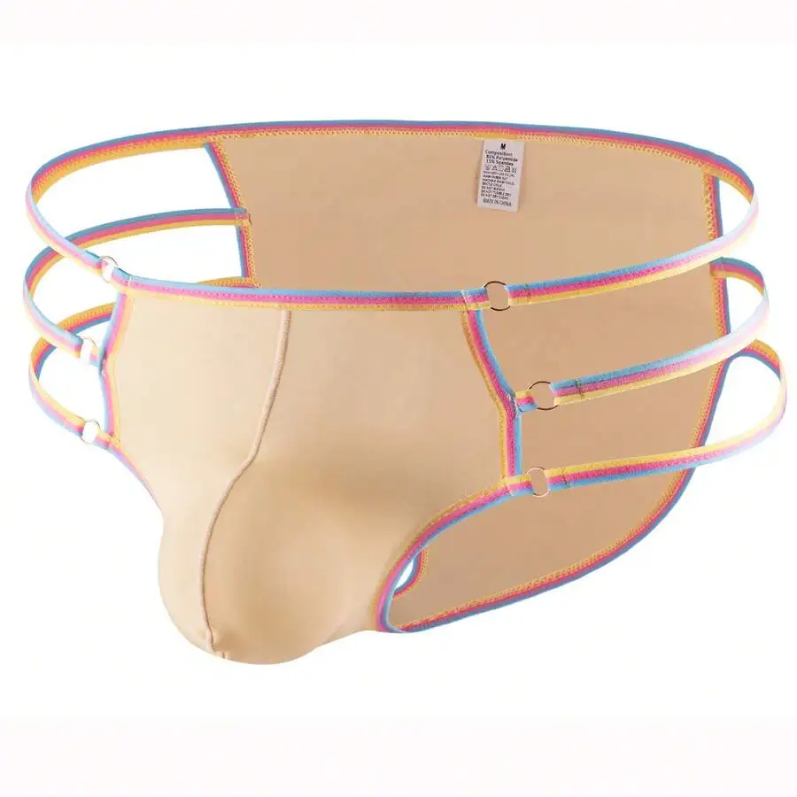 

Mens Seamless Low-Rise Thong Brief With Rainbow-Trimmed Thin Straps Ice Silk Breathable Design