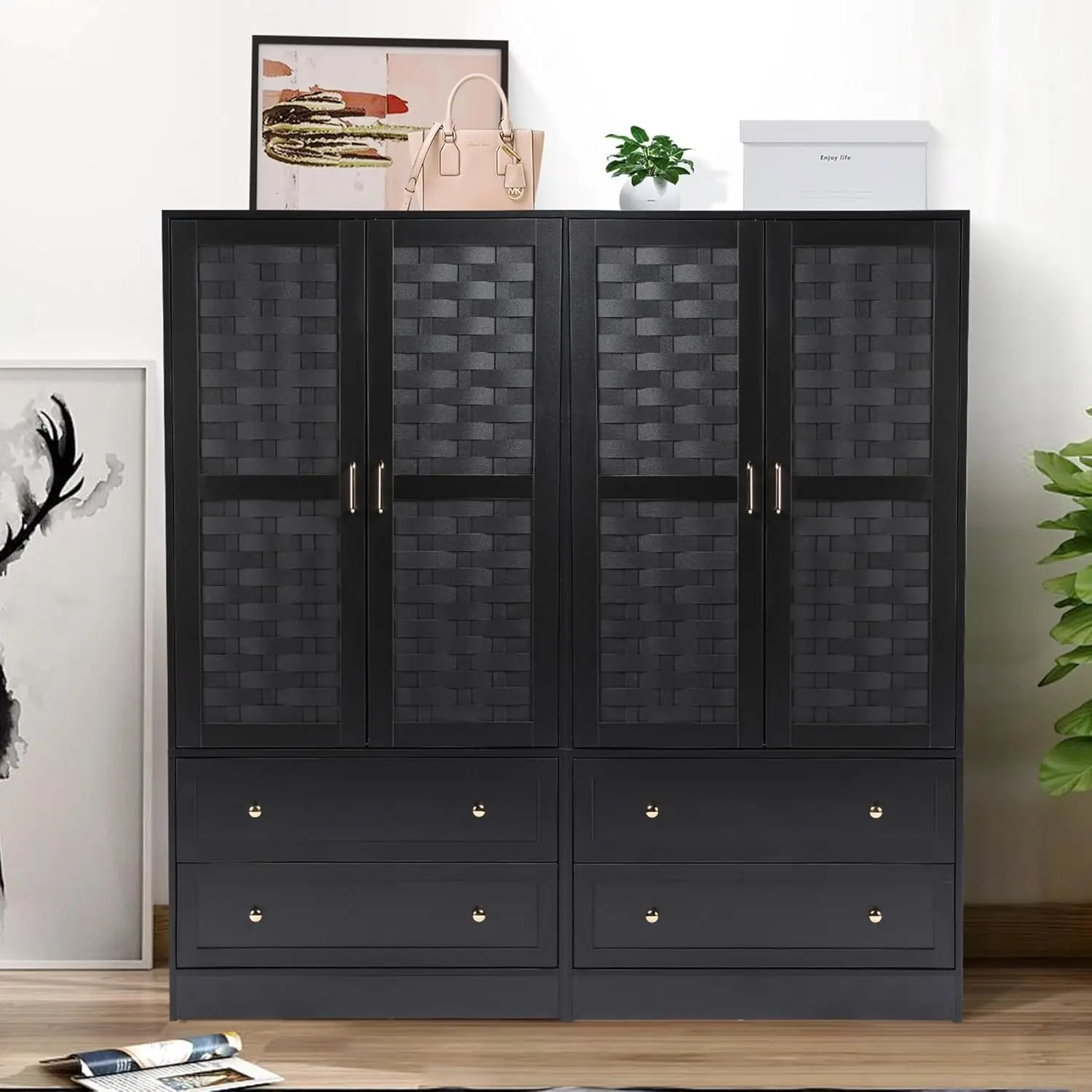 Armoire Wardrobe Closet Black Wardrobe Cabinet with 2 Woven Doors and 2 Storage Drawers Freestanding Hanging Rail Closet (Black)