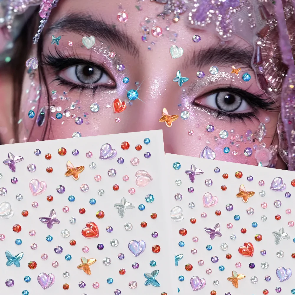 

1Pcs 3D Butterfly Heart Rhinestone Eye Face Tattoo Sticker Sparkly Colorful Diamond Temporary Face Decals Adhesive Tattoo Deco