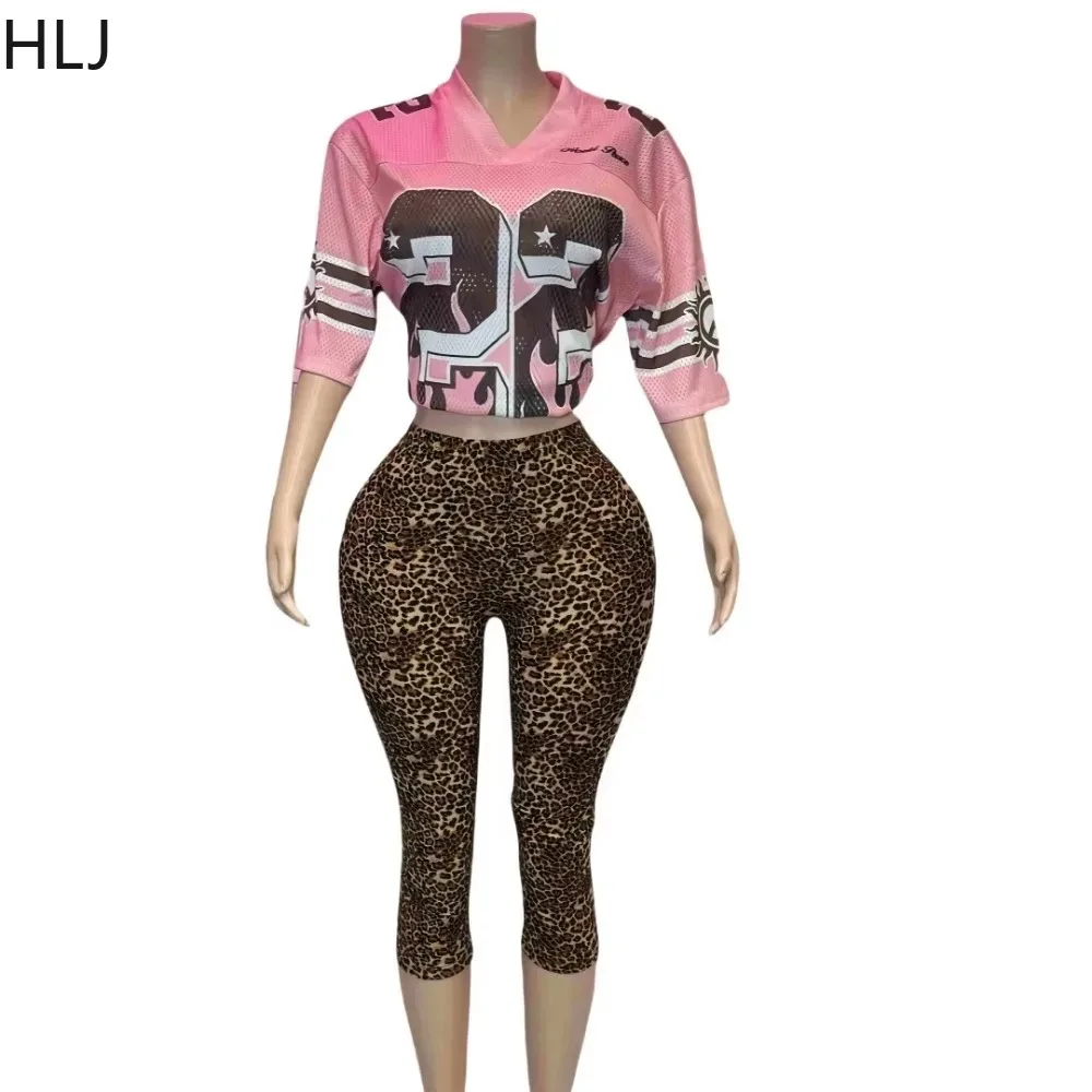 

HLJ Y2K Fashion 2 Piece Sets Woman Outfit Pink V Neck Classic Digital Trend Tops and Leopard Print Shorts Suits Streetwear New