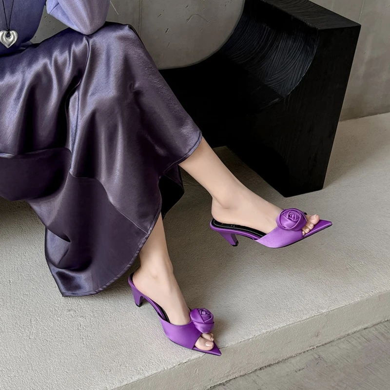 NEW Summer Women Slippers Silk Fabric Shoes for Women Pointed Toe Strange Heel Shoes High Heel Sandals Flower Modern Slippers