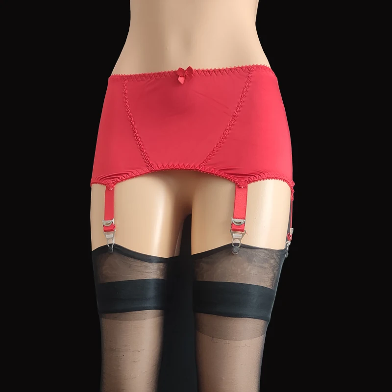 Red Vintage Smooth Satin Garter Belt Women Sexy Bowknot Suspender Belt 6 Straps Clips Garters for Stockings Exotic Lingerie