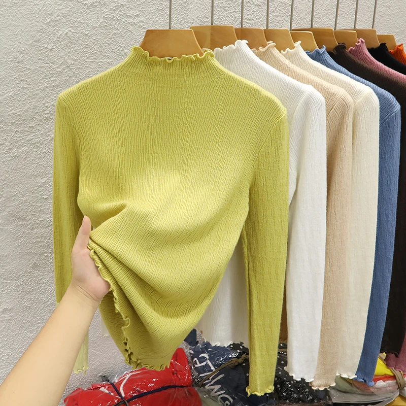 

Осенний женский тонкий свитер с воротником-хомутом, высокоэластичные однотонные женские облегающие трикотажные пуловеры, топы с длинным рукавом