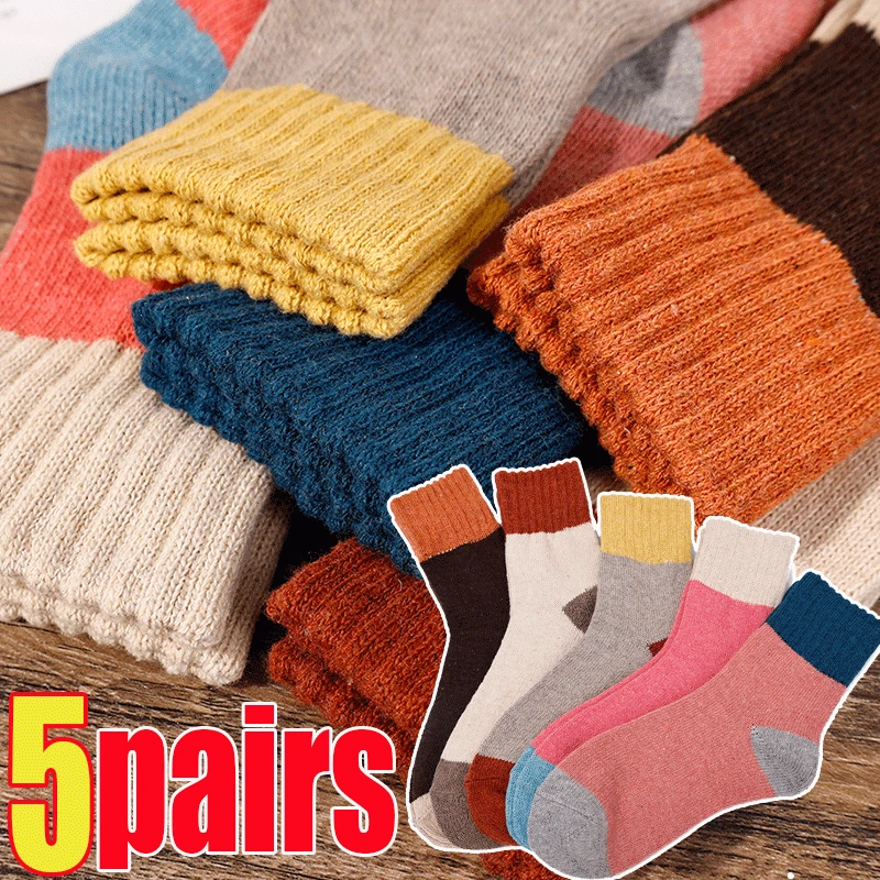 5pairs Solid Color Warm Winter Socks Merino Wool Rabbit Towel Socks Female Men Super Thickening Wool Socks Cotton Sock