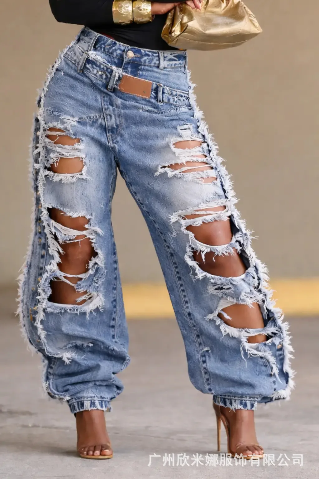 2026 New Summer Women's Washed Ripped Jeans Loose Straight Leg Drawstring Ankle Tied Casual Denim Pants For Daily