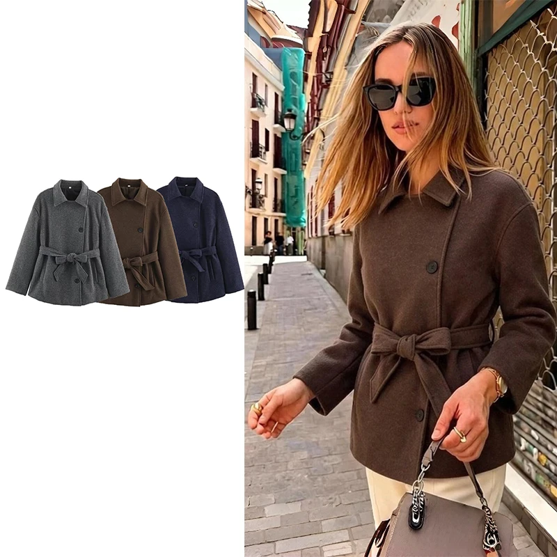 Guobioziy 2026 Autumn Short Outerwear Retro Lapel Belt Waist Adjust Silhouette Commuter Coat  Versatile Trendy Chic Basic