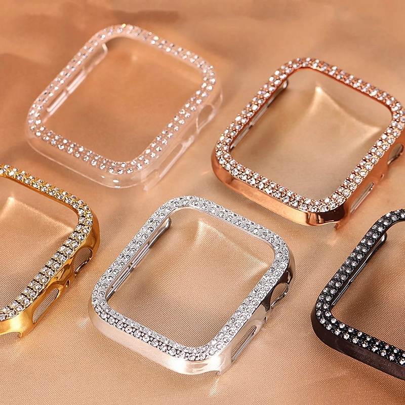 Luxury Double Bling Crystal Case For Apple Watch 45mm 41 40 44 42 Rhinestone PC Bumper Protector For iWatch For Series 9 8 7 6 5