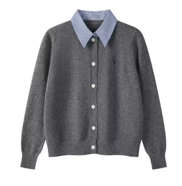 자수 니트 가디건 여성 페이크 투피스 셔츠 칼라 패치워크 싱글 브레스티드 스웨터 코트 우아한 여성 상의