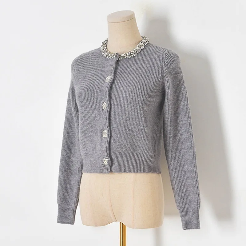 

New Solid Women Knitted Single Breasted Fashion Full Sleeve Beading Tops