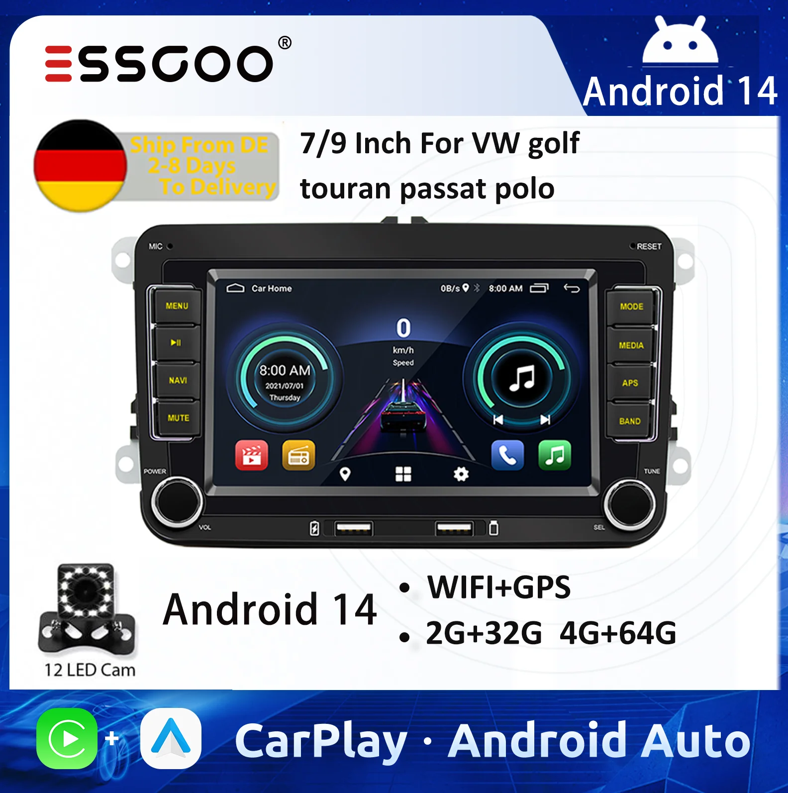 ESSGOO Android 14 Car Radio GPS For VW Volkswagen Skoda Octavia Goolf 5 6 Touran Passat B6 Polo Jetta 2Din Multimedia Player