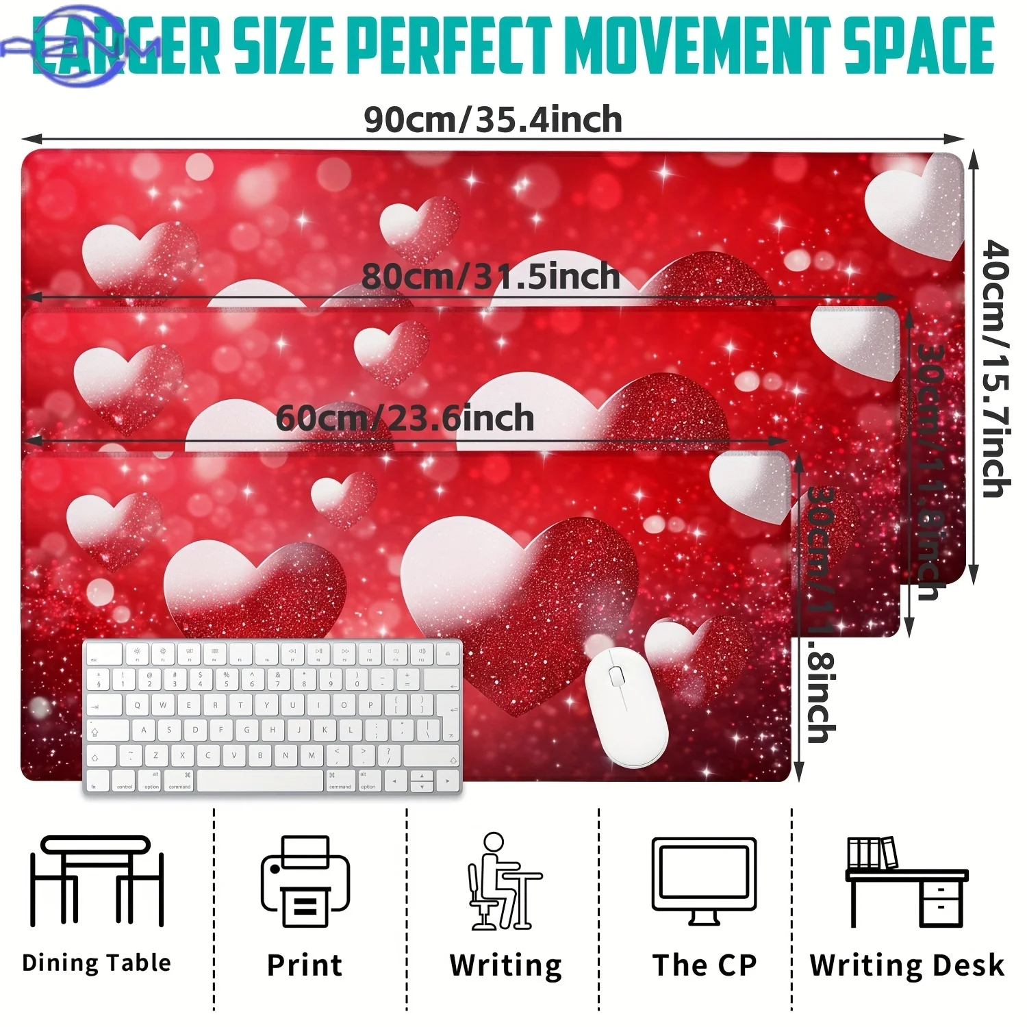 Large Gaming Mouse Pad,Glittering Hearts Desk Pad Desk Mat,Office Keyboard Pad Non-Slip Computer Mouse Pad for Work,Game,Office,